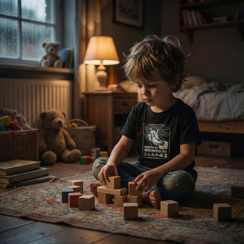 May include: A young child wearing a black t-shirt with Japanese text and a graphic is playing with wooden blocks on a patterned rug. The room has a warm, inviting atmosphere with a teddy bear and a lamp.