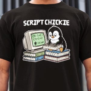 Script Chickie Funny Programmer Shirt or Hoodie | IT Professional Gift | Cybersecurity Linux Penguin Pixel Art | Coder Humour Techie Top