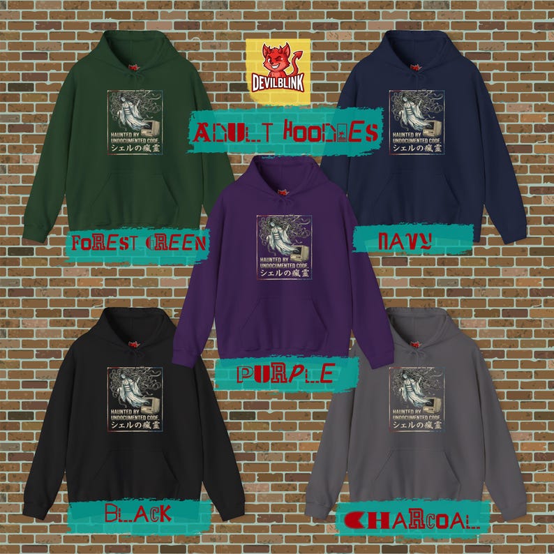 May include: A collection of adult hoodies in various colors: forest green, navy, purple, black, and charcoal. Each hoodie features a graphic with Japanese text and the words "HAUNTED BY UNDOCUMENTED CODE". The hoodies have a front pocket and a hood.