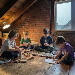 May include: Four children in a cozy attic setting. One child builds with wooden blocks, another reads a book, a third plays a handheld game, and the fourth draws with colored pencils. The room has a brick wall and a window.