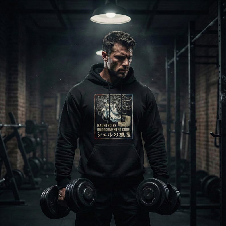 May include: Black hoodie with a graphic design featuring the text "HAUNTED BY UNDOCUMENTED CODE" and Japanese text. The design includes an illustration of a ghost and a computer. The person is holding two dumbbells.