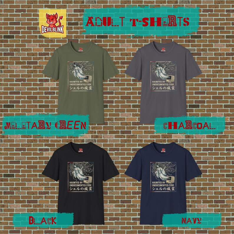 May include: Four adult t-shirts in military green, charcoal, black, and navy blue. Each shirt features a graphic with a ghostly figure and Japanese text. The brand logo is a red devil. The shirts are displayed against a brick wall.