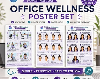 Desk Exercise Poster Printable – Office Wellness Set, Eye Care & Breathing Routine (PDF JPG)