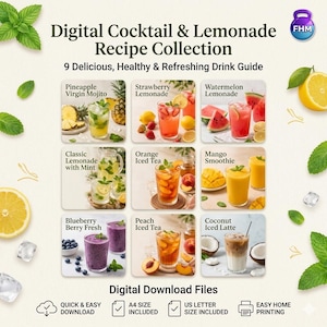 May include: A digital recipe collection guide titled Digital Cocktail & Lemonade Recipe Collection featuring 9 drink recipes including Pineapple Virgin Mojito, Strawberry Lemonade, Watermelon Lemonade, Classic Lemonade with Mint, Orange Iced Tea, Mango Smoothie, Blueberry Berry Fresh, Peach Iced Tea, and Coconut Iced Latte.