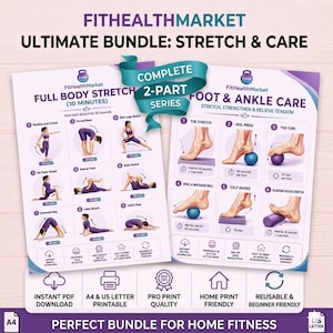 May include: Two instructional fitness posters titled FitHealthMarket Ultimate Bundle: Stretch & Care. The left poster shows full body stretches, while the right poster details foot and ankle care exercises. Both feature purple and white graphics.