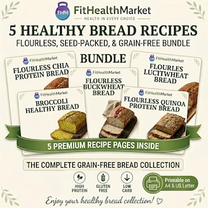 May include: An image promoting a bundle of 5 healthy bread recipes. The recipes are for flourless, seed-packed, and grain-free bread. The image includes text that says "5 Premium Recipe Pages Inside" and "The Complete Grain-Free Bread Collection."