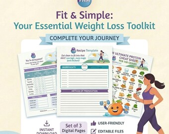 Healthy Habits Tracker Bundle | Weekly Steps, Protein Guide, Recipe Card (Digital Download)