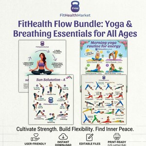 May include: A promotional image for the FitHealth Flow Bundle, featuring yoga and breathing essentials. The image includes illustrated guides for yoga poses and breathing exercises, with the text "FitHealth Flow Bundle: Yoga & Breathing Essentials for All Ages."