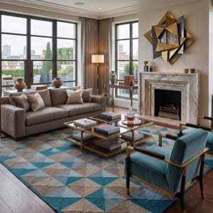 May include: A modern living room featuring a large, patterned rug in shades of blue, tan, and cream. The room includes a gray sofa, teal armchairs with gold frames, a glass coffee table, and a fireplace with a geometric wall sculpture.