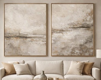 Set van 2 neutrale abstracte canvasschilderijen, beige minimalistische moderne muurkunst