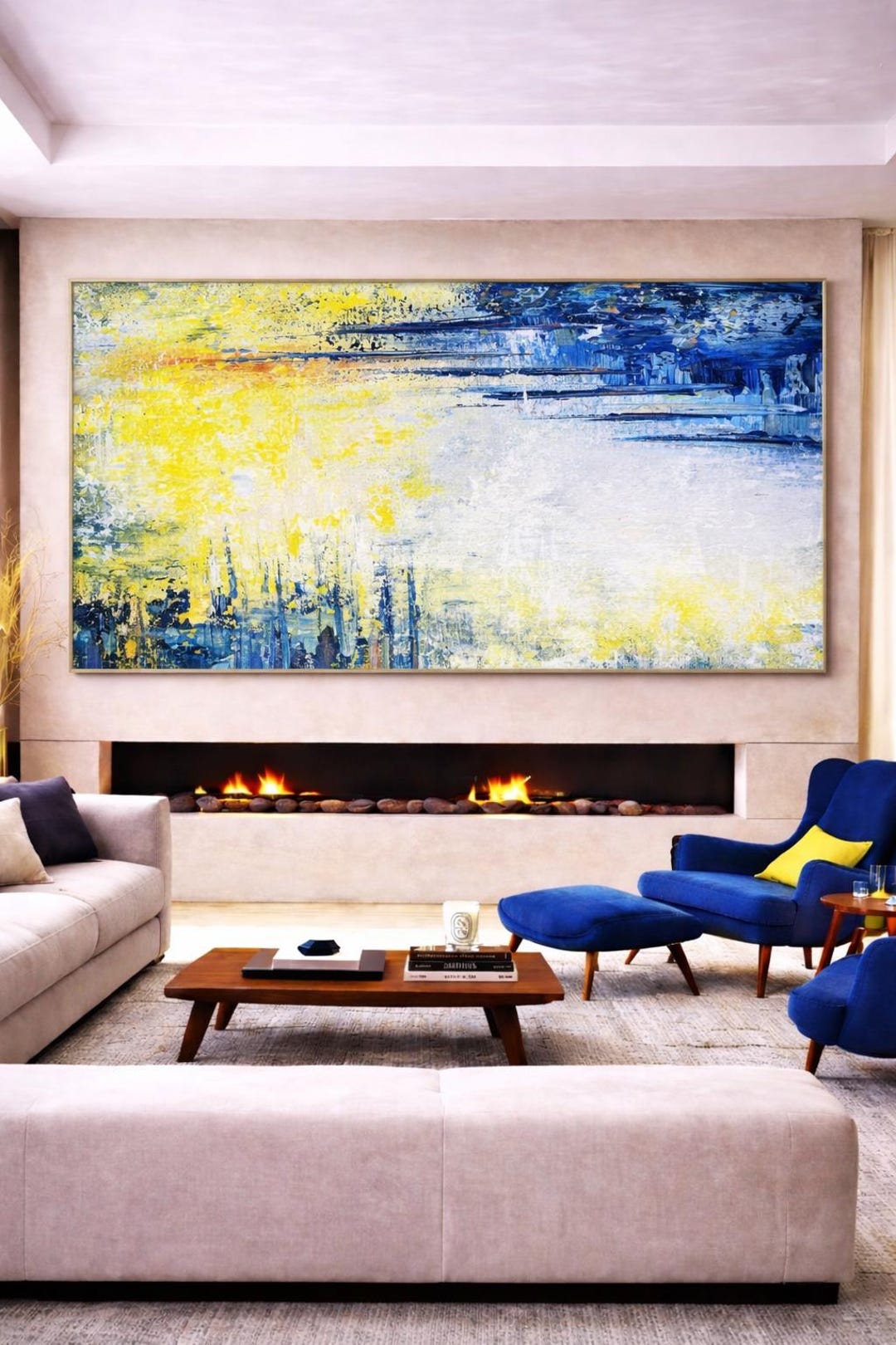 Extra Large Abstract Oil Painting, Blue Yellow Textured Canvas Wall Art ...