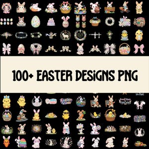 May include: A collection of over 100 Easter-themed PNG designs. The designs include bunnies, Easter eggs, baskets, bows, and text that says "Easter Vibes" and "Happy Easter". The designs are in various colors and styles, perfect for crafting.