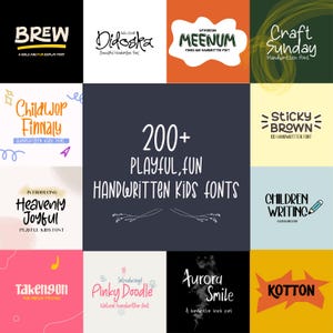 Könnte beinhalten: Eine digitale Sammlung von über 200 verspielten, lustigen handgeschriebenen Kinder-Schriftarten in einem Raster. Das Bild zeigt verschiedene Schriftnamen wie Brew, Didoska, Meenum, Craft Sunday, Childwop Finnally, Sticky Brown, Heavenly Joyful, Children Writing, Takengon, Pinky Doodle, Aurora Smile und Kotton.
