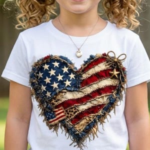 Puede incluir: Camiseta blanca con un diseño en forma de corazón que imita la bandera estadounidense. El corazón está hecho de mezclilla y tela desgastada con rayas rojas y blancas, estrellas azules y un pequeño parche de la bandera estadounidense. Una estrella dorada y un lazo adornan el diseño.