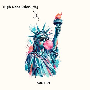 Può includere: Illustrazione della Statua della Libertà con occhiali da sole e che soffia una bolla di gomma da masticare rosa. La statua è resa in tonalità blu, con schizzi di vernice colorati. Il testo in alto recita "High Resolution Png" e in basso "300 PPI".