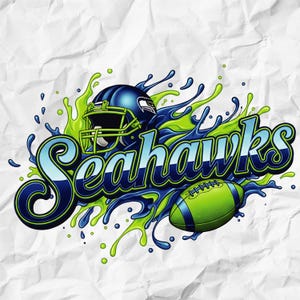 May include: A graphic illustration featuring the word "Seahawks" in blue and light blue, with a football helmet and football. The design incorporates blue and green splashes, set against a white, textured background.