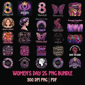 Pode incluir: Um conjunto de 25 gráficos PNG para o Dia da Mulher, com diversos designs que incluem elementos florais, mensagens de empoderamento e o símbolo do Dia da Mulher. Os gráficos apresentam ilustrações de mulheres, borboletas e o texto "Women's Day".