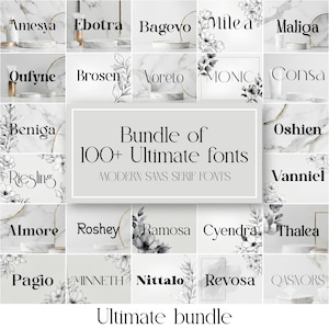 Può includere: Una collezione di font digitali che mostra il testo Bundle of 100+ Ultimate fonts MODERN SANS SERIF FONTS. Il layout a griglia presenta vari nomi di font come Amesya, Ebotra, Bagevo e altri, accentuati da illustrazioni floreali in bianco e nero.