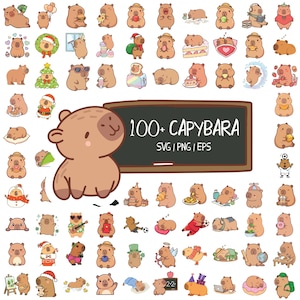 May include: A collection of over 100 cartoon capybara illustrations in various poses and outfits, including eating, sleeping, and wearing hats. A central chalkboard features the text 100+ CAPYBARA SVG | PNG | EPS in white lettering.