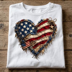 May include: White t-shirt with a heart-shaped design featuring the American flag. The heart is made of distressed denim, red and white stripes, and a leopard print. A small gold star and bow accent the top.
