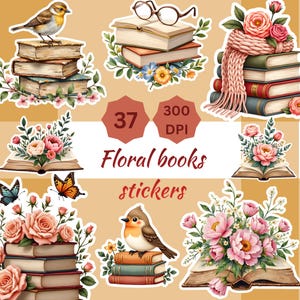Op de afbeelding: Een verzameling bloemenboekstickers. De stickers tonen stapels boeken, open boeken, vogels, vlinders, bloemen en brillen. De tekst "Floral books stickers" is inbegrepen. De stickers zijn in aquarel stijl.