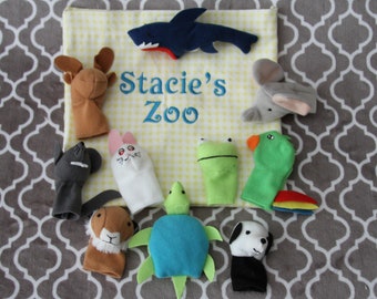 Finger Puppets with Carry Bag; custom finger puppet bag; children's toys; children's puppets; animal finger puppets; zoo puppets