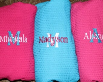 PERSONALIZED Childrens White, Aqua, or Hot Pink Non Hooded Robe for Bath Time, Flower Girls, Gymnastics, Swim, Cheer and Dance Cover Up