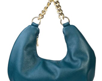 Petrolblauwe Italiaanse leren hobotas: handgemaakte schoudertas met gouden ketting