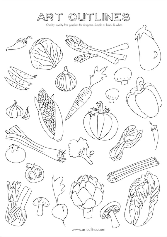 Set of Vegetables Art Outlines Full Page 29 Original Hand