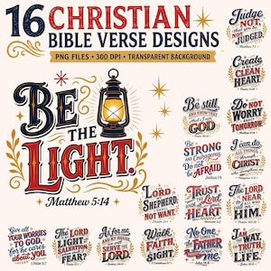 Könnte beinhalten: Eine digitale Sammlung von 16 christlichen Bibelvers-Designs mit Typografie und Illustrationen wie einer Laterne und Sternen. Der Text enthält Phrasen wie Be the Light, Matthew 5:14 und andere Schriftstellen in den Farben Rot, Blau und Gold.