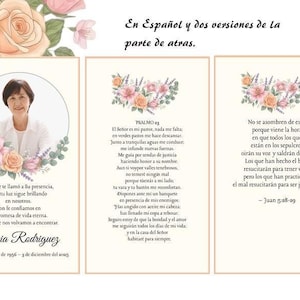 May include: A memorial card with a portrait of a woman, surrounded by floral arrangements in pink and peach tones. The card includes Spanish text and religious verses, suitable for remembrance or memorial services.