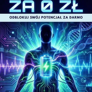 Może przedstawiać: Cyfrowa ilustracja z tekstem "BIOHACKING ZA 0 ZŁ" w kolorze białym i niebieskim. Obraz przedstawia ludzką postać z symbolem baterii w klatce piersiowej, otoczoną wzorami obwodów drukowanych i liniami energii. Obecny jest również tekst "ODBLOKUJ SWÓJ POTENCJAŁ ZA DARMO".