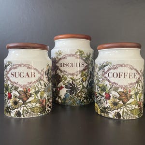 Vintage Dunoon Flora Ceramic Canisters Set of 3 Sugar Biscuits Coffee Jars Scotland Pottery Cottagecore Botanical Kitchen Storage Wood Lids