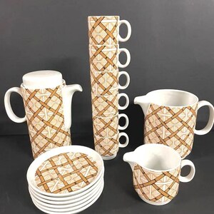 May include: A vintage tea set with a geometric bamboo design. The set includes a teapot, creamer, sugar bowl, six cups, and saucers. The cups are stacked, and the saucers are in a neat pile. The design is a mix of tan and brown on a white background.