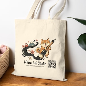 QR Code Promo Shiba Inu Tote Bag – Japanese Ink Art Shiba Inu with Calligraphy Brush, Sakura & Mt Fuji, japan gift tote bag