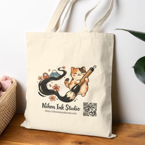 QR Code Promo Calico Cat Tote Bag – Japanese Ink Art Calico Cat with Calligraphy Brush, Sakura blossom & Mt Fuji, cute japanese bag