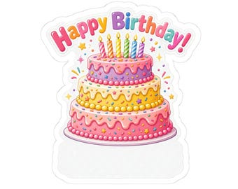 May include: A three-tiered birthday cake sticker featuring pink, yellow, and purple frosting layers decorated with colorful sprinkles and star-shaped accents. Six lit candles sit on top, and the text Happy Birthday is arched above.
