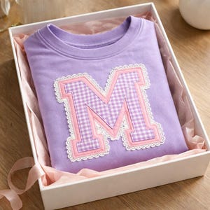 Custom Initial Tee, Gingham Lace Letter Appliqué Shirt, Kids Personalized Apparel