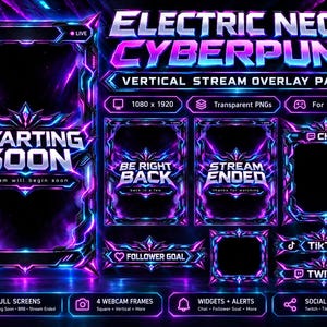 Puede incluir: Un paquete de superposiciones para streaming con temática cyberpunk de neón eléctrico y acentos brillantes en morado y azul. Incluye pantallas completas para Starting Soon, Be Right Back y Stream Ended, marcos de webcam, chats y etiquetas.