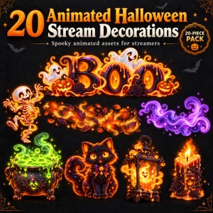 May include: A digital collection of 20 animated Halloween stream decorations featuring the text 20 Animated Halloween Stream Decorations and 20-Piece Pack. Includes a glowing BOO sign, a dancing skeleton, autumn leaves, purple smoke, a green bubbling cauldron, a black cat, a lantern, and a skull candle.