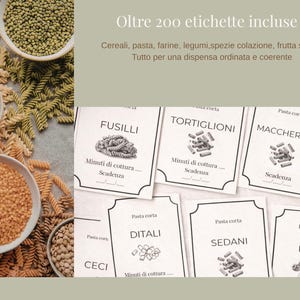 May include: Image features various types of pasta and legumes in bowls, alongside labels for pantry organization. The labels include text such as "Fusilli" and "Tortiglioni". The image also includes text that says "Over 200 labels included".