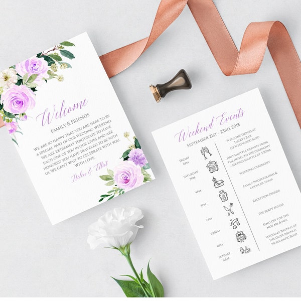Purple Floral Editable Welcome Bag Letter Itinerary, Lavender Wedding Timeline, Printable Order of Events, Template, Instant Download 519-A