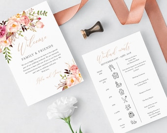 Rose Gold Floral Editable Welcome Bag Letter Itinerary, Pink Boho Wedding Timeline Printable Order of Events Template Instant Download 516-A