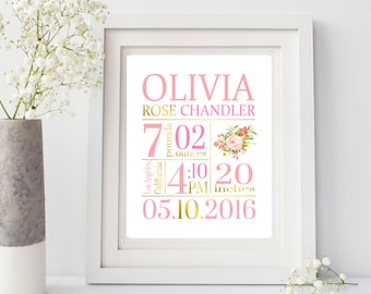 Pink Rose Floral Printable Birth Stats Wall Art, Birth Announcement Art, Gold Girl Personalized Custom Birth Stats Decor Print Choose Colors