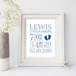 Footprints Printable Birth Stats Wall Art, Baby Feet Birth Announcement Wall Art, Boy Personalized Birth Stats Nursery Decor, Choose Colors image 1