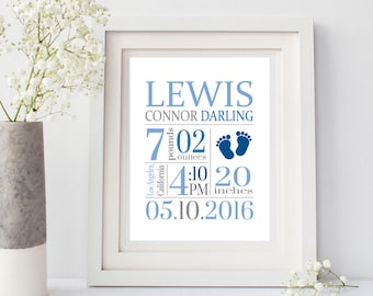 Footprints Printable Birth Stats Wall Art, Baby Feet Birth Announcement Wall Art, Boy Personalized Birth Stats Nursery Decor, Choose Colors