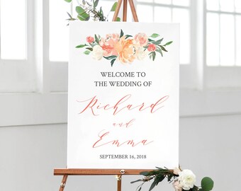 Coral Blush Editable Welcome Sign, Floral Unlimited Custom Signs, 16 x 20 18 x 24 24 x 36 DIY Template, Instant Download, Templett, 501-A