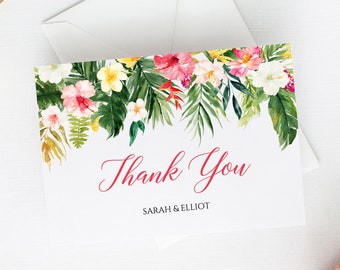 Tropical Floral Printable Thank You Cards, Editable Pink Hibiscus Thank You Cards, DIY Template Floral Thank Instant Download Templett 508-A