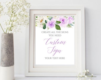Purple Floral Editable Custom Wedding Sign, Floral Unlimited Signs, Lilac Printable Wedding Decor, DIY Template, Instant Download, 519-A