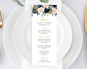 Navy Blush Gold Editable Menu, Floral Table Wedding Menu, Printable Navy Boho Menu DIY Template Calligraphy Instant Download Templett 521-A